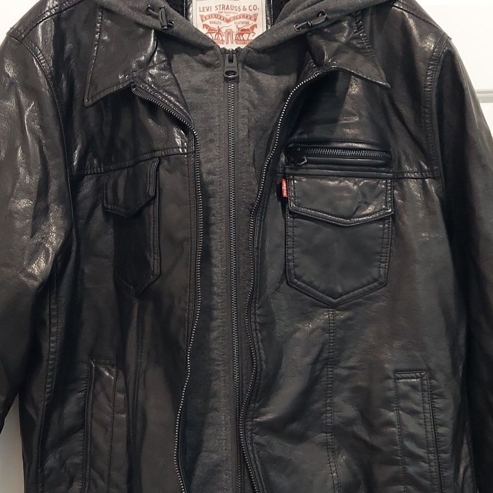 Levi’s Black Faux Leather Sherpa Hooded Bomber Jacket Sz XL - Picture 14 of 16